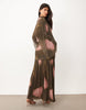 Printed Floral Mesh Blouson Maxi Dress With Cut Out In Brown