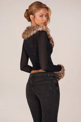 Faux Fur-Trim Sheer Mesh Cardigan in Black