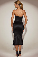 Satin Lace-Trim Bandeau Fluted Midaxi Dress in Black