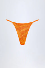 Embellished Thong Bikini Bottoms in Orange Tropical Print