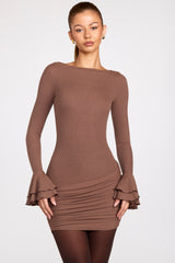 Ribbed Modal Long-Sleeve Draped Mini Dress in Mocha