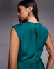 Satin High Neck Pleated Bodice Midi Dress In Teal