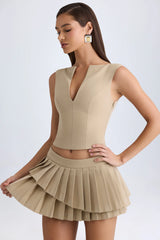 Layered Pleated Low-Rise Mini Skirt in Camel