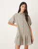 Boxy Shirt Mini Dress With Dropped Waist In Mono Check