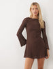 Crochet Jersey Long Angel Sleeve Mini Dress In Chocolate