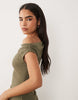Crepe Fallen Shoulder Maxi Dress With Ruched Skirt Detail In Khaki