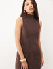 High Neck Godet Detail Column Maxi  Dress In Brown