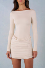Modal Boat-Neck Draped Long-Sleeve Mini Dress in Ivory