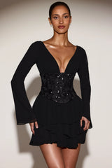 Chiffon Embellished Corset A-line Mini Dress in Black