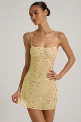 Sheer Embellished Square-Neck Mini Dress in Yellow
