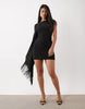 One Shoulder Floral Devore Mini Dress With Fringe Detail In Black