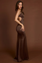 Scoop-Neck Lace-up Back Maxi Dress in Chocolate Brown