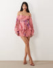 Double Layer Off Shoulder Godet Mini Dress In Pink Floral
