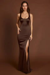 Scoop-Neck Lace-up Back Maxi Dress in Chocolate Brown