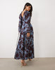Pretty Lavish Chiffon V Neck Scarf Detail Draped Batwing Sleeve Maxi Dress In Blue Floral Print