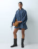 Hybrid Cord Shirt Mini Dress With Balloon Sleeve And Voile Hem In Washed Denim Blue