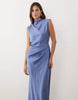 Satin High Neck Pleated Bodice Midi Dress In Blue