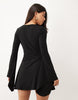 Slinky Flute Sleeve Flippy Mini Dress With Deep Plunge In Black