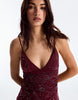 Bershka Rhinestone Mesh Mini Dress In Burgundy