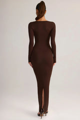 Modal Square-Neck Bodycon Maxi Dress in Chocolate Brown
