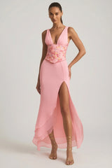 Embellished Plunge Ruffled Corset Maxi Dress in Pink