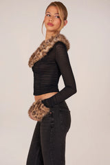 Faux Fur-Trim Sheer Mesh Cardigan in Black