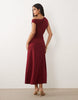 Crepe Fallen Shoulder Maxi Dress With Ruched Skirt Detail In Wine