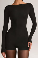 Modal Boat-Neck Long-Sleeve Playsuit in Black