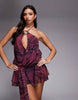 Tiger Mist Indigo 2.0 Halterneck Drape Tie Side Multiway Chiffon Mini Dress In Burgundy Floral