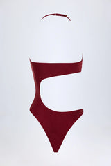 Bead-Embellished Cut-Out Bandeau Swimsuit in Dark Cherry