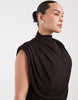 Tfnc Plus Slinky High Neck Shoulder Pad Draped Detail Maxi Dress In Chocolate