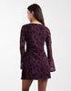 Flocked Floral Mini Dress With Flute Sleeve In Fig