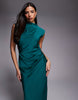 Satin High Neck Pleated Bodice Midi Dress In Teal