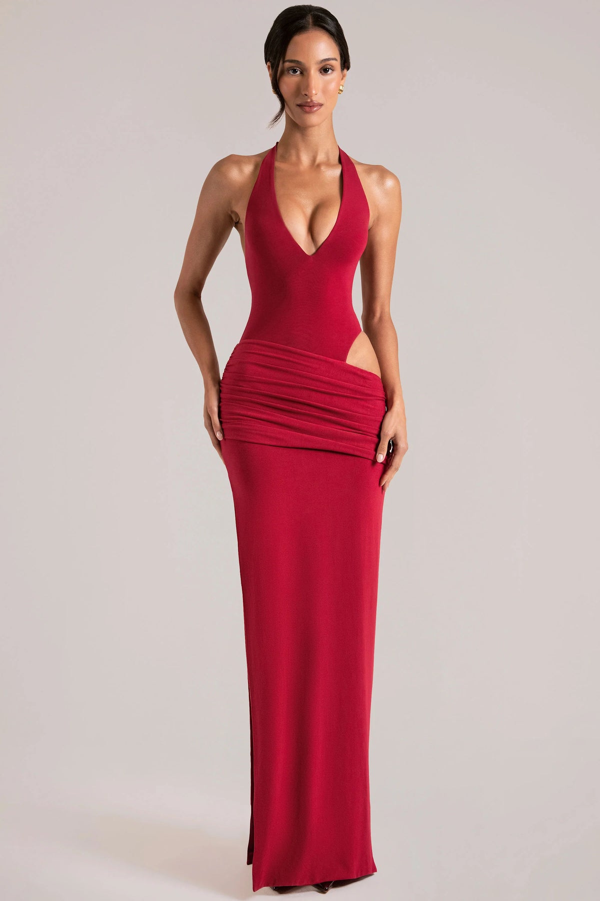 Deep Plunge Halterneck Maxi Dress in Cherry Red