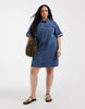 Vero Moda Curve Short Sleeve Button Front Denim Mini Dress In Medium Blue Wash