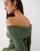 Kaiia Exclusive Knitted Extreme Foldover Bardot Flare Sleeve Mini Dress In Khaki