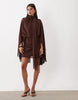 Shoulder Pad Tie Neck Fringe Sleeve Mini Dress In Brown