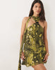 Printed Abstract Mesh One Shoulder Scarf Detail  Blouson Mini Dress In Multi