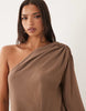 Missyempire Chiffon Asymmetric Sleeve Drape Overlay Detail Bubble Hem Cutout Back Detail Mini Dress In Mocha