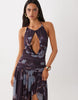 Mesh Halter Keyhole High Low Maxi Dress In Purple Floral Print