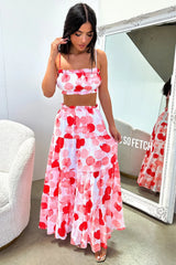 Selina Tiered Maxi Skirt - Red / White Print
