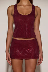 Embellished Jersey Scoop-Neck Racerback Top in Burgundy