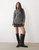 Funnel Neck Long Sleeve Mini Dress With Lace Hem In Brushed Check