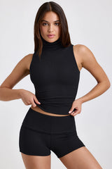 Modal Ribbed Mid-Rise Foldover Shorts in Black