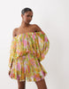 Blouson Mini Dress With Split Sleeve And Volume Godet Skirt In Floral Print