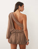 Missyempire Chiffon Asymmetric Sleeve Drape Overlay Detail Bubble Hem Cutout Back Detail Mini Dress In Mocha