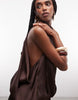 Halter Neck Layered Bubble Satin Mini Dress In Chocolate