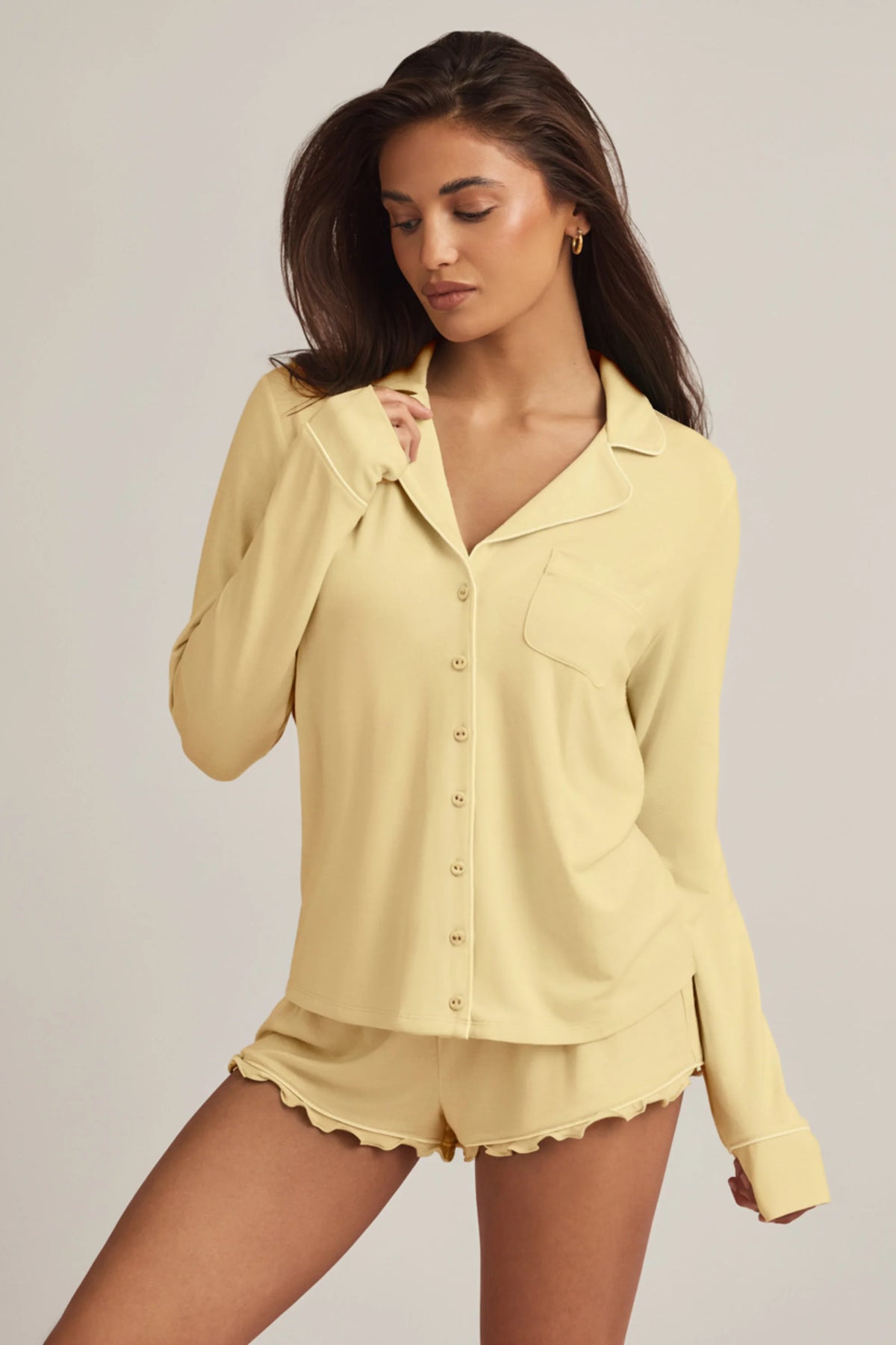 Modal Long-Sleeve Pyjama Top in Pastel Yellow