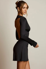 Open-Back Draped A-Line Mini Dress in Black