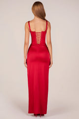 Corseted Thigh-High Split Maxi Dress in Rose Red